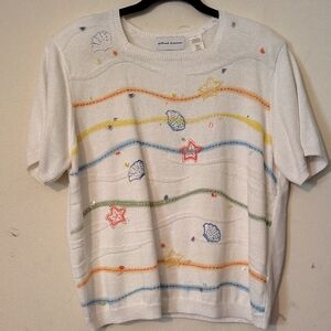Alfred Dunner White Short-Sleeve Knit Top with Multicolor Seashell Embroidery